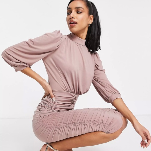 AX Paris ruched midi dress in taupe - Picture 3 of 7